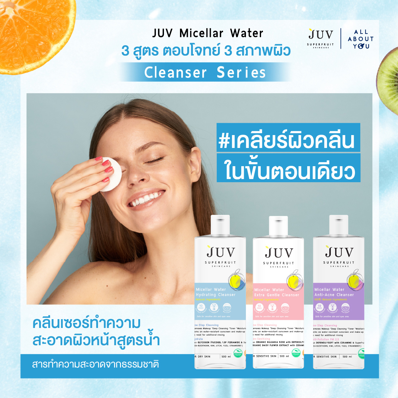 NEW ไอเทมคู่ปรับเมคอัพ JUV Micellar Water Cleanser Series 3 สูตร ตอบโจทย์ 3 สภาพผิว เคลียร์ผิวคลีนในขั้นตอนเดียว